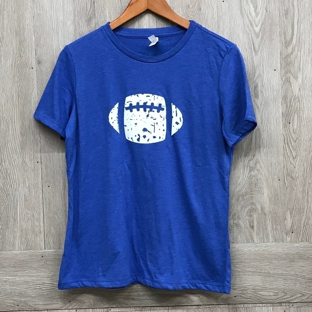 Blue White Distressed Football Crew Neck Tee BB271